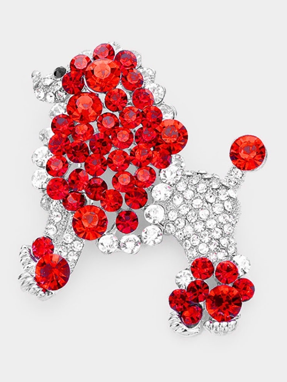 Red Silver Dog Poodle Rhinestone Crystal 2.5 Inch Brooch Pin Accessory
